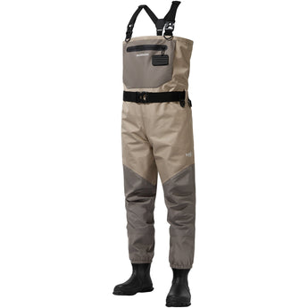 A pair of men's chest waders boots featuring a beige and gray color with black suspenders and a black belt.