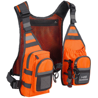 Bassdash camouflage patterned fishing vest with multiple pockets and gear attachments, designed for men and women.